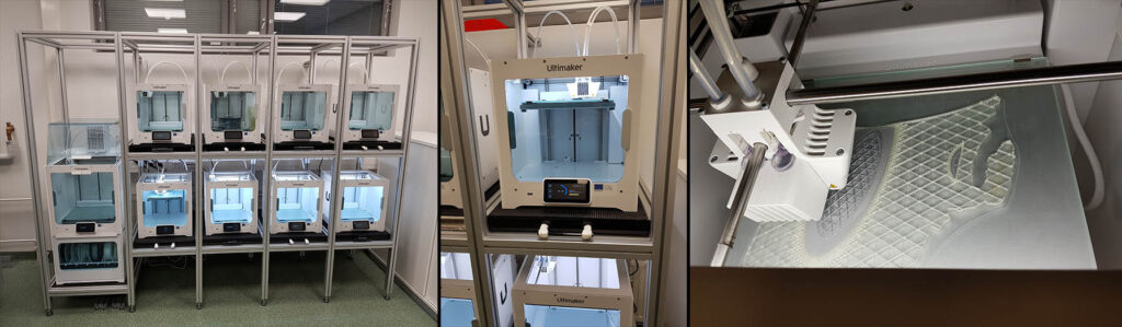 Rivi useita 3D-tulostimia telineissä, lähikuva yhdestä 3D-tulostimesta ja yksityiskohtainen näkymä tulostimesta, joka luo teksturoitua objektia kerros kerrokselta.