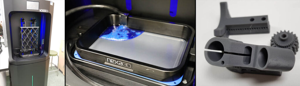 Triptyykki näyttää: 3D-tulostimen, jossa tulostetaan ristikkorakennetta, lähikuvan nestemäisestä hartsista lokerossa, jossa on merkintä "nexa3D", ja joukon harmaita 3D-tulostettuja mekaanisia osia valkoisella pinnalla.
