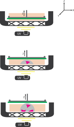 Valokovetus altaassa -tulostusprosessin periaatekuva.
