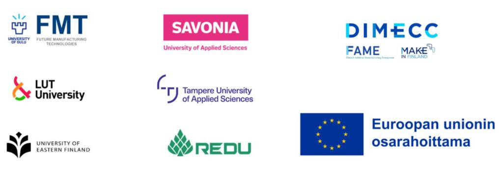 Kokoelma suomalaisten yliopistojen, tutkimusorganisaatioiden ja Euroopan unionin logoja, muun muassa Oulun yliopisto, Savonia, DIMECC, LUT-yliopisto, Tampereen yliopisto, Itä-Suomen yliopisto, REDU ja EU:n lippu.