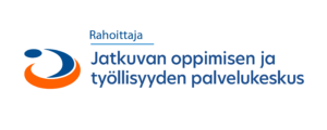 Logo, jossa on sininen ja oranssi abstrakti swoosh-kuvio. Tekstissä lukee ”Rahoittaja Jatkuvan oppimisen ja työllisyyden palvelukeskus”, mikä tarkoittaa suomeksi ”Jatkuvan oppimisen ja työllisyyden palvelukeskus”.